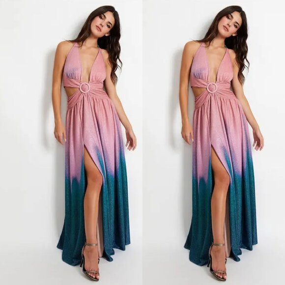 NWT PatBO Cut-out Plunge Maxi Dress Ombre Glitter Lurex Stretch Front Slit Sz 6 - Picture 1 of 12
